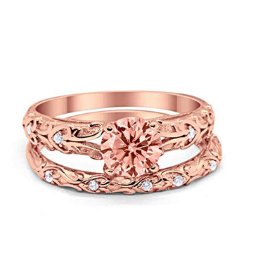 Art Deco Two Piece Wedding Ring Rose Tone, Simulated Morganite CZ 925 Sterling Silver